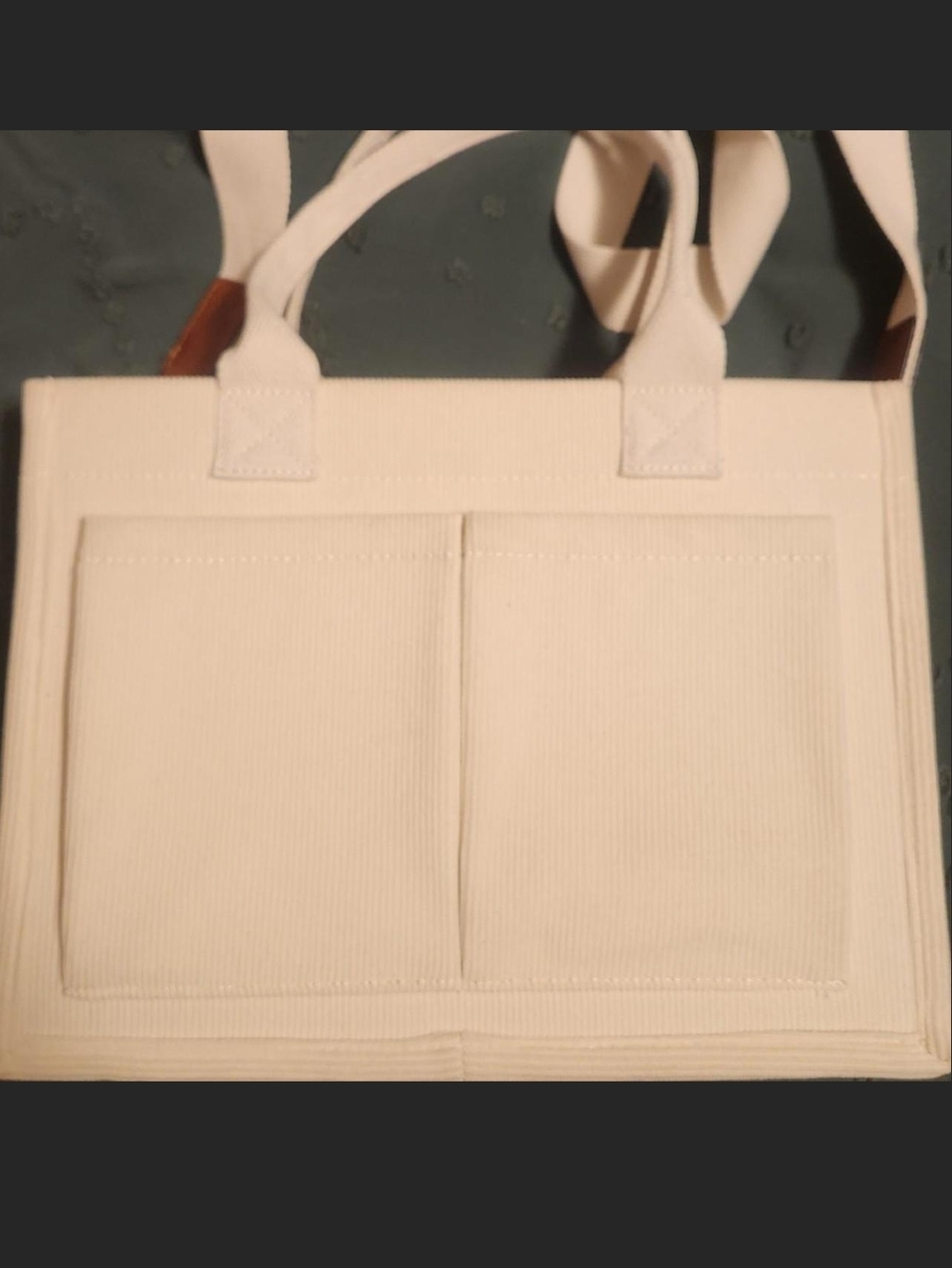 Corduroy Tote Bag in Cream with Front Pockets and Crossbody